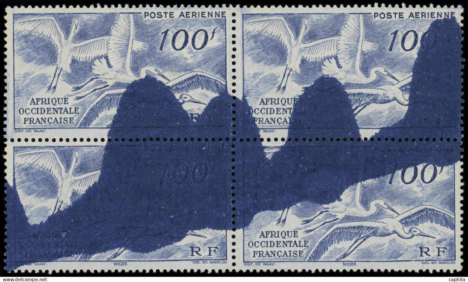 (*) AFRIQUE OCCIDENTALE - Poste Aérienne - 13, Bloc De 4, Variété D'impression, énorme Tache De Couleur: 100f. Cigognes - Andere & Zonder Classificatie