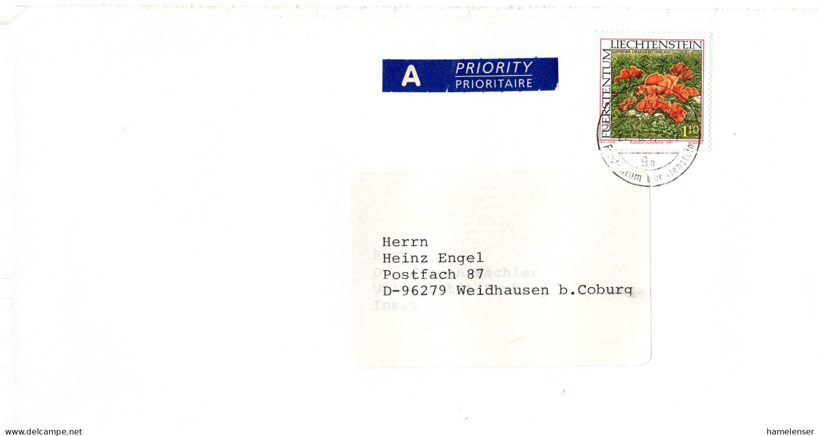 L78942 - Liechtenstein - 1997 - Fr.1,10 Gemeiner Orangebecherling EF A Bf MAUREN -> Deutschland - Covers & Documents
