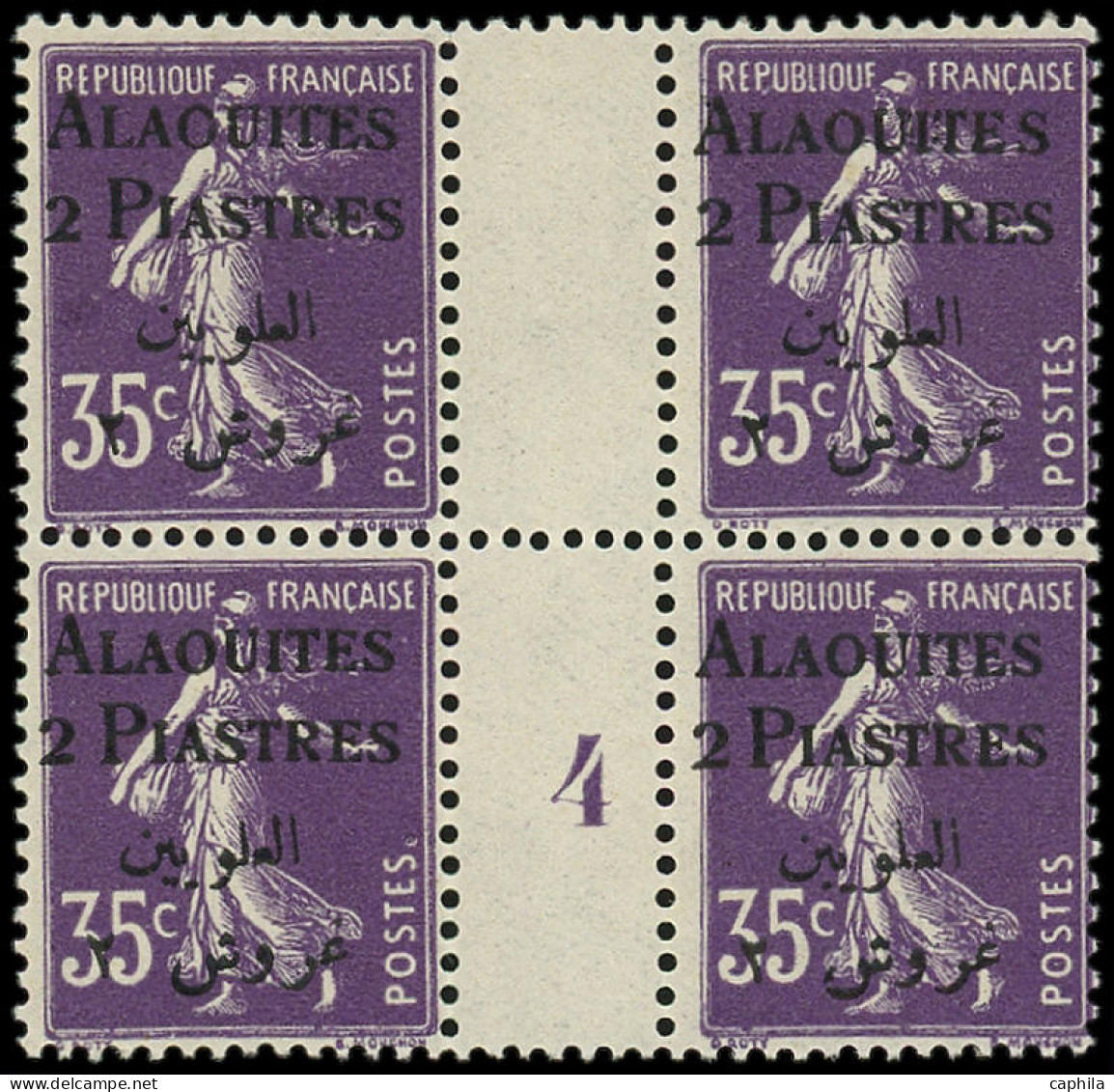 ** ALAOUITES - Poste - 7, Bloc De 4, Millésime "4": 2pi. Sur 35c. Violet - Unused Stamps
