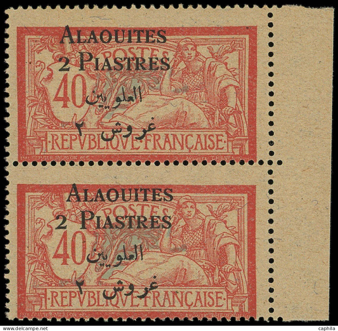 ** ALAOUITES - Poste - 8a, Papier GC, Paire Dont 1 Ex "2" Et "P" éloignés: 2pi. S. 40c. Rouge Et Bleu (Maury) - Unused Stamps