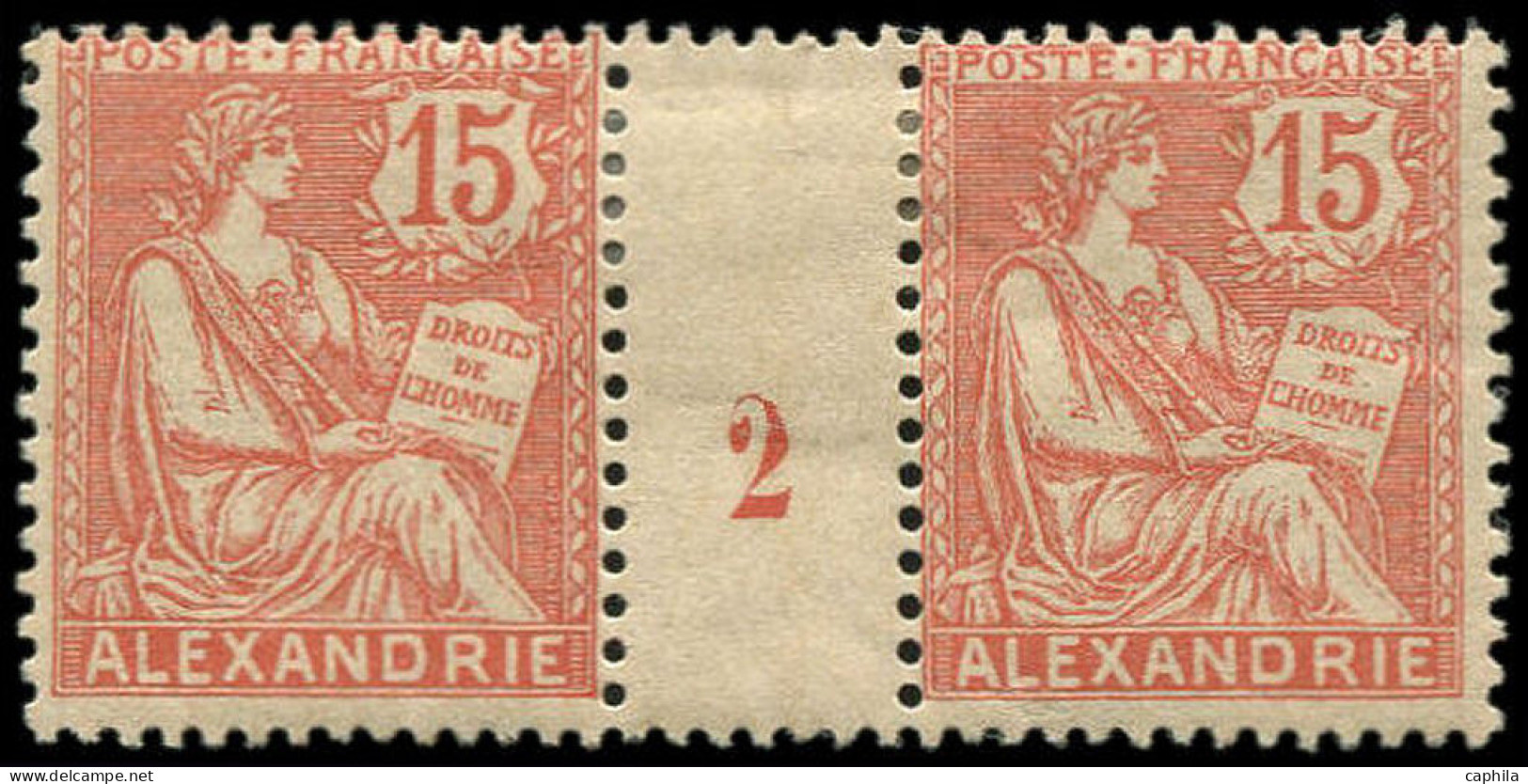 * ALEXANDRIE - Poste - 25a, Paire Millésime "2" (un Ex. Pli De Gomme): 15c. Vermillon - Unused Stamps