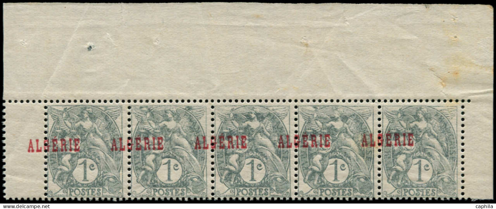 ** ALGERIE - Poste - 2b, Bande De 5 Surcharge à Cheval, Point De Rouille Sur 2 Timbres: 1c. Blanc Gris Noir - Unused Stamps