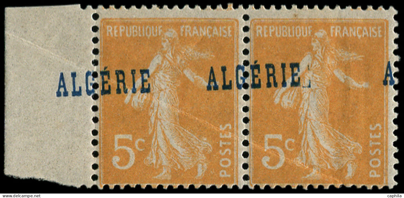 ** ALGERIE - Poste - 7a, En Paire Surcharge à Cheval (pli Transversal): 5c. Semeuse Orange - Unused Stamps