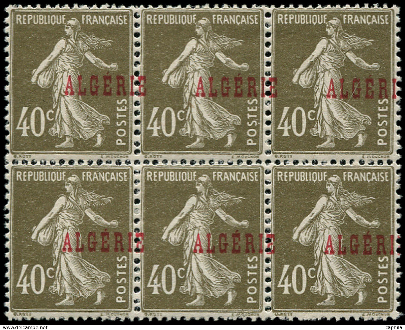 ** ALGERIE - Poste - 20a, Bloc De 6 Surcharge à Cheval: 40c. Semeuse Brun-olive - Unused Stamps