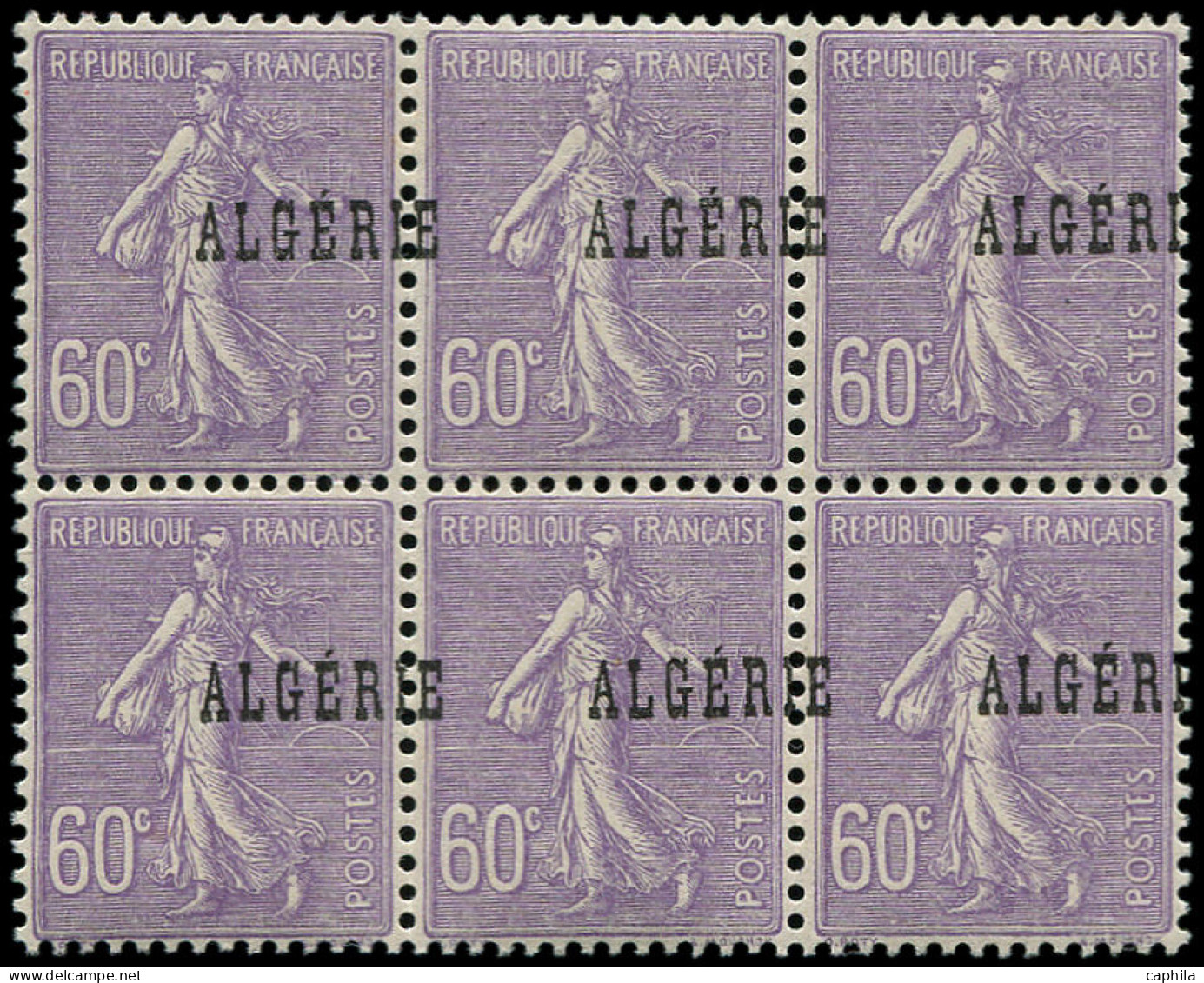 ** ALGERIE - Poste - 24b, Bloc De 6 Surcharge à Cheval: 60c. Semeuse Violet - Unused Stamps