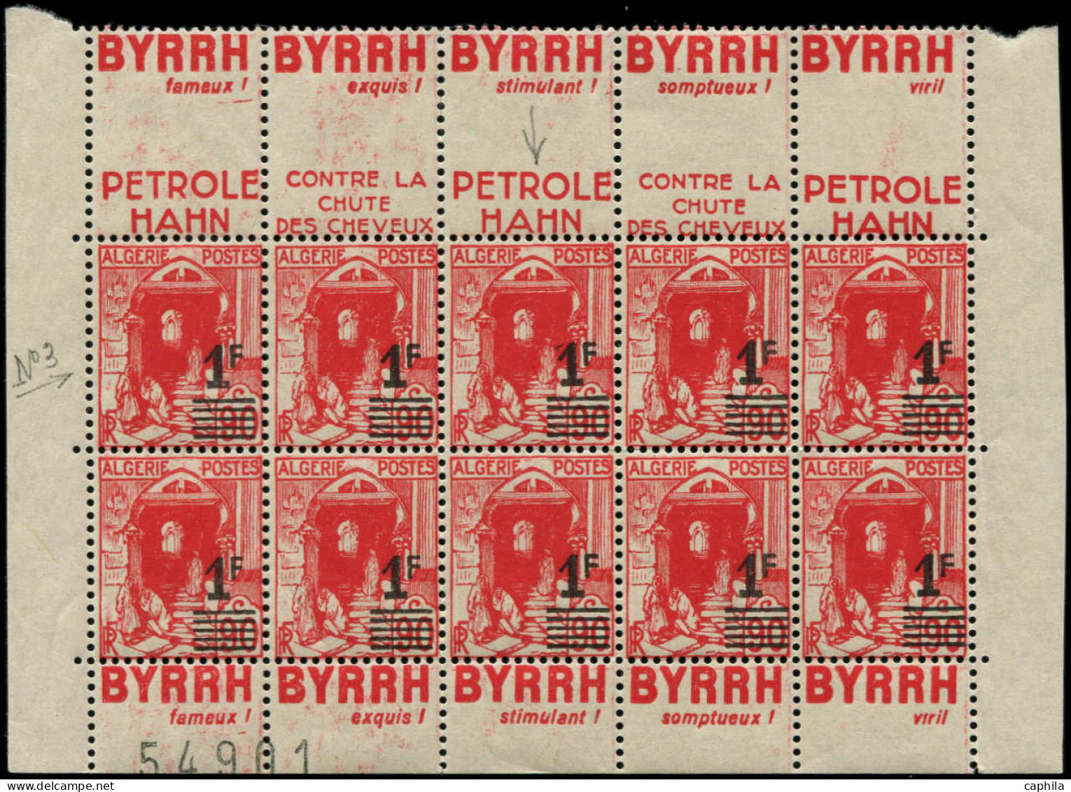 ** ALGERIE - Poste - 158A, Bloc De 10 Issu De Carnet Dont 5 Exemplaires Double Pub "Byrrh"+"Hahn" (Maury) - Unused Stamps