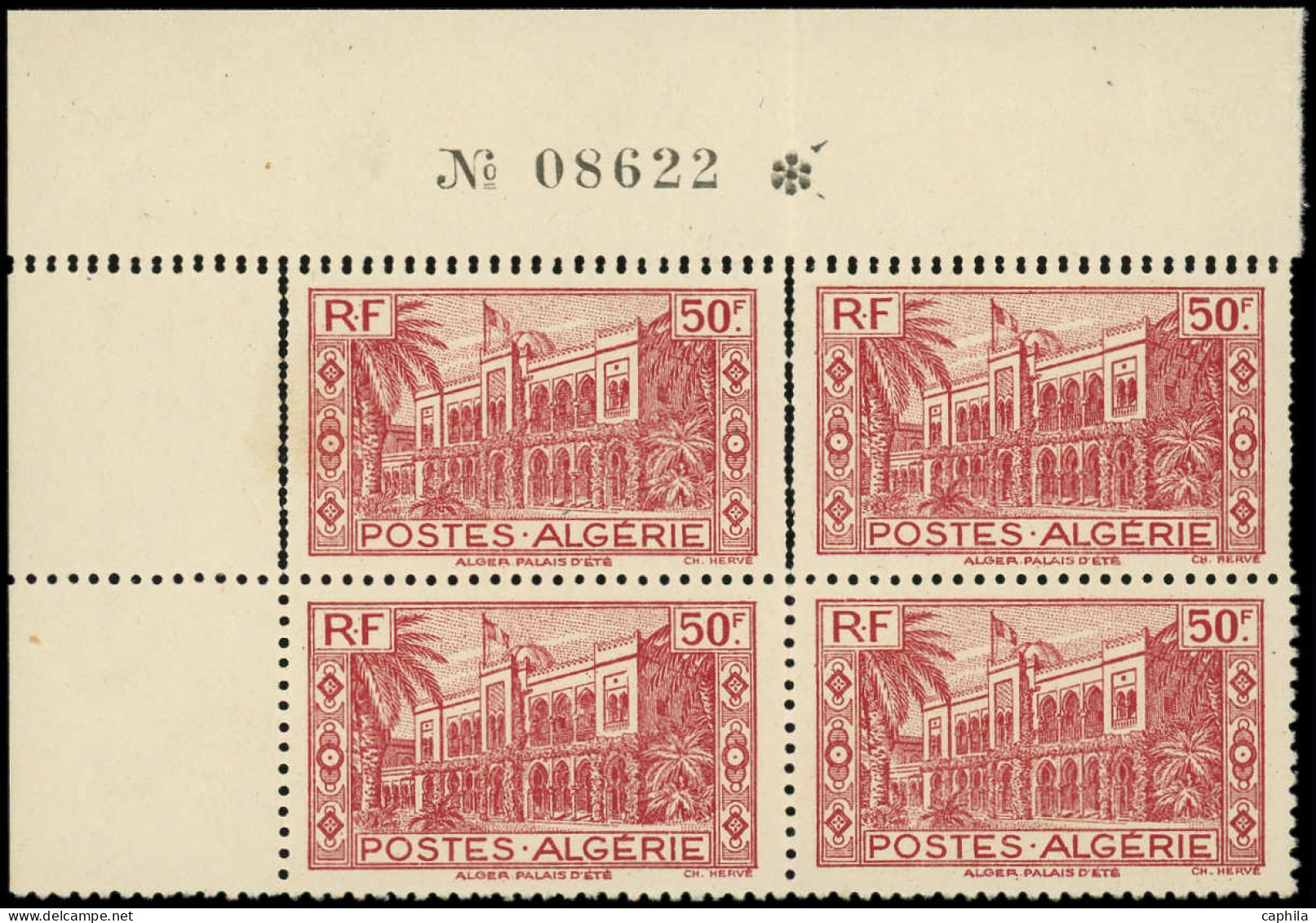 ** ALGERIE - Poste - 202a, Bloc De 4, Cdf Numéroté, Variété Double Piquage Sur 2ex.: 50f. Palais D'été - Otros & Sin Clasificación