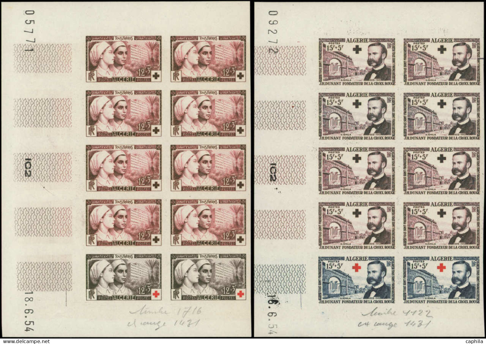 ** ALGERIE - Poste - 316/17, 2 Blocs De 10 Essais De Couleur Dont Polychromes, Cd: Croix-Rouge 1954 - Unused Stamps