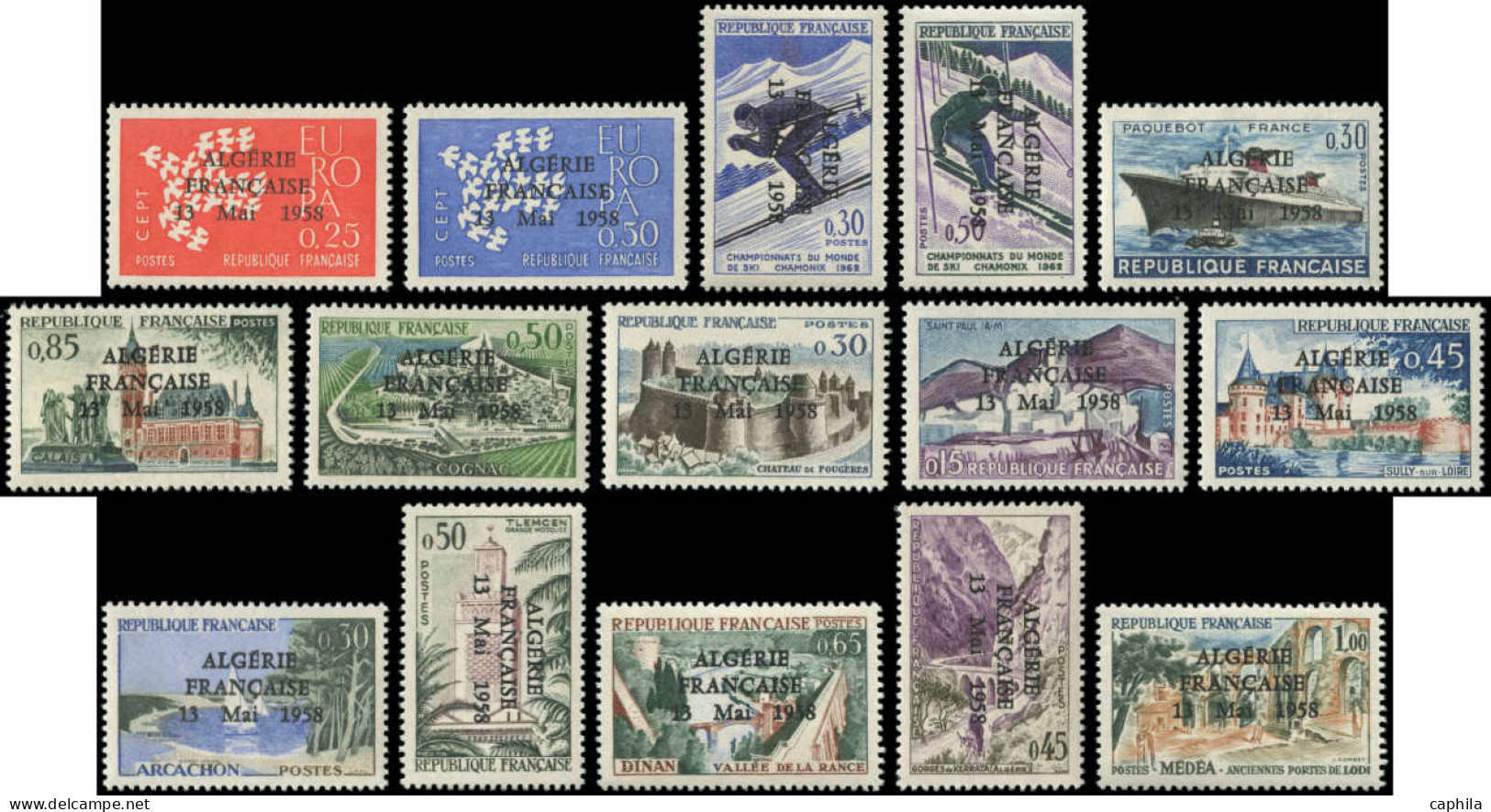 ** ALGERIE - Poste - Algérie Française 13/05/58, Série Complète De 15 Valeurs: Ski, Europa Et Divers - Unused Stamps