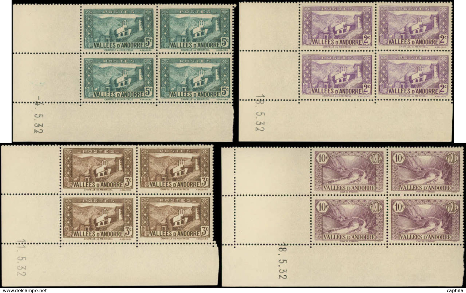 ** ANDORRE - Poste - 24/26 + 28/29 + 32/33, 7 Blocs De 4 CD 1932: Paysages - Unused Stamps