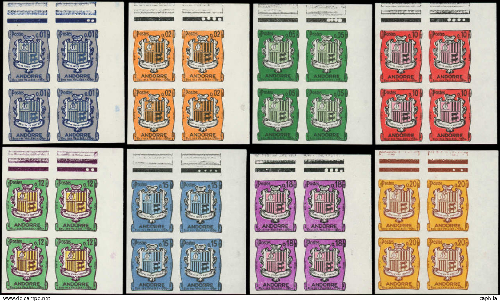 ** ANDORRE - Poste - 153A/57, 8 Blocs De 4 Non Dentelés, Cdf: Armoiries - Unused Stamps