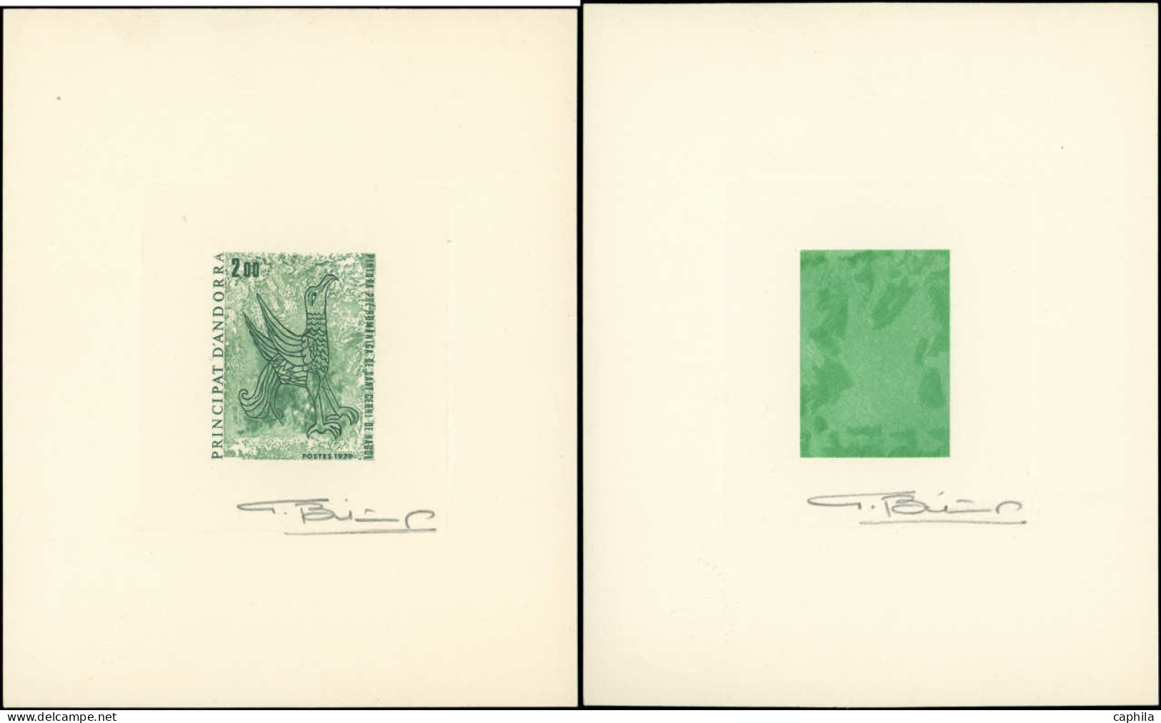 EPA ANDORRE - Poste - 278, 2 épreuves D'artiste En Vert (1 Négatif), Signées Bétemps: 2.00f. Aigle De St Cerni - Andere & Zonder Classificatie