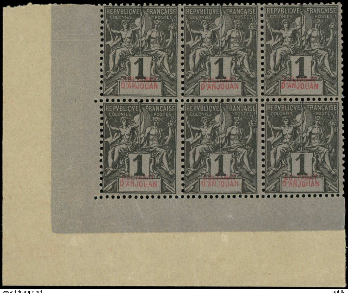 ** ANJOUAN - Poste - 1a, Bloc De 6, Variété "sultanat" Hors Cartouche, Cdf: 1c. Noir Sur Azuré - Unused Stamps