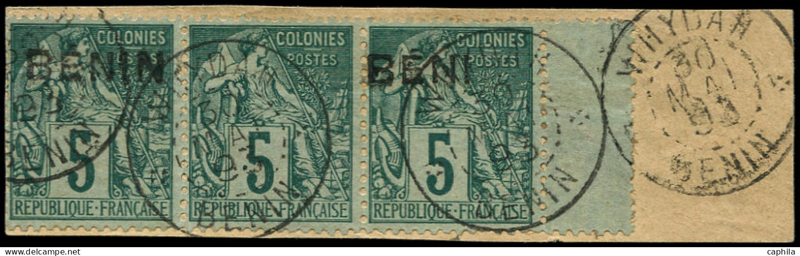 O BENIN - Poste - 4a, Bande De 3 Dont 1 Exemplaire Sans Surcharge Et 1 Exemplaire "BENI", Sur Fragment, Signé Roumet: 5c - Used Stamps