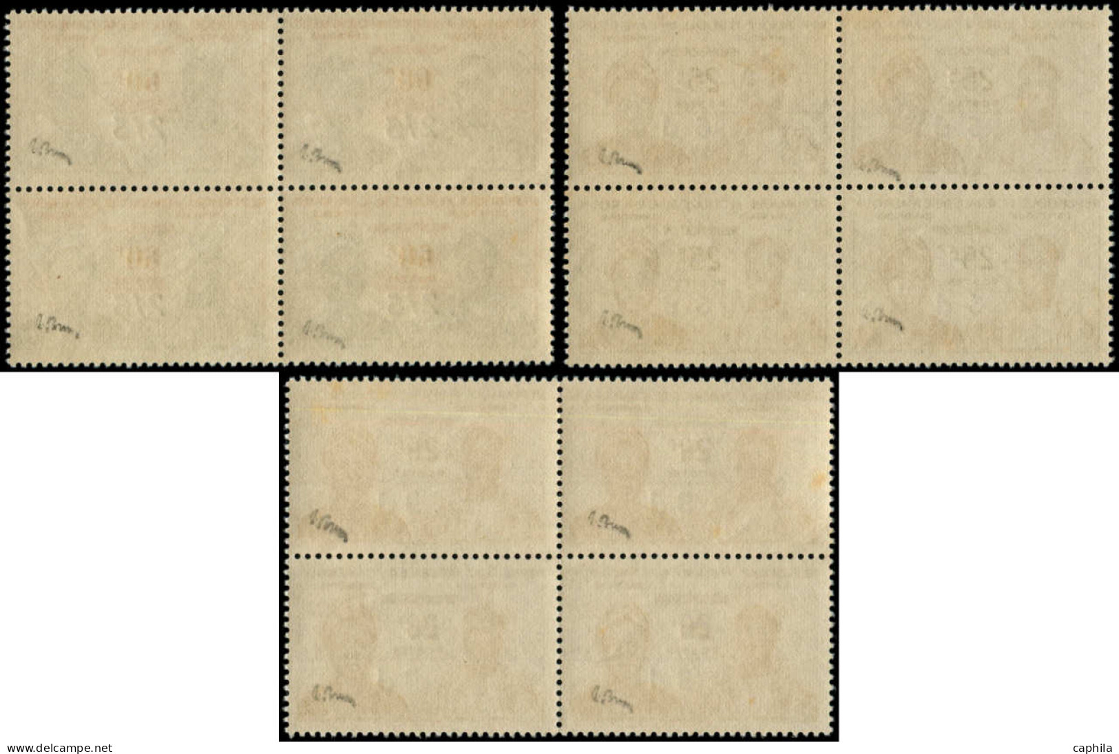 ** CAMEROUN - Poste - 332/34, 3 Blocs De 4, Signés Brun (332, 1 Ex. Point De Rouille): Réunification - Unused Stamps