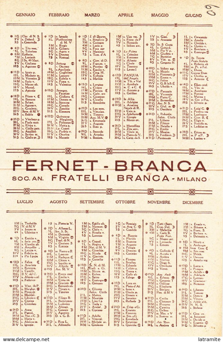 MAUZAN - Calendarietto FERNET BRANCA 1925 - Formato Piccolo : 1921-40