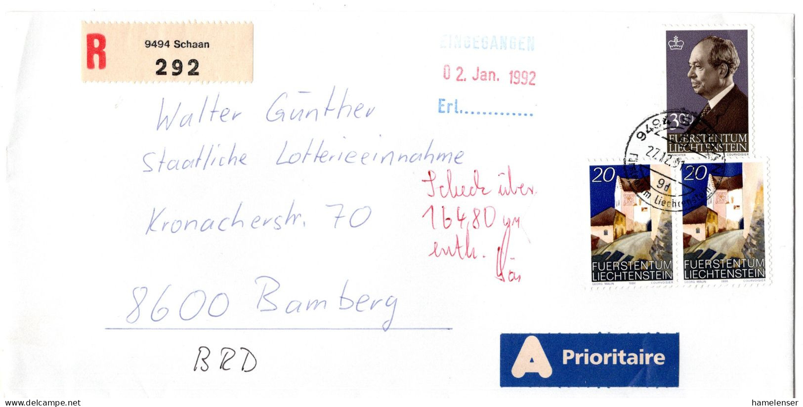 L78944 - Liechtenstein - 1991 - Fr.3,00 Fuerst MiF A R-Bf SCHAAN -> Deutschland - Lettres & Documents