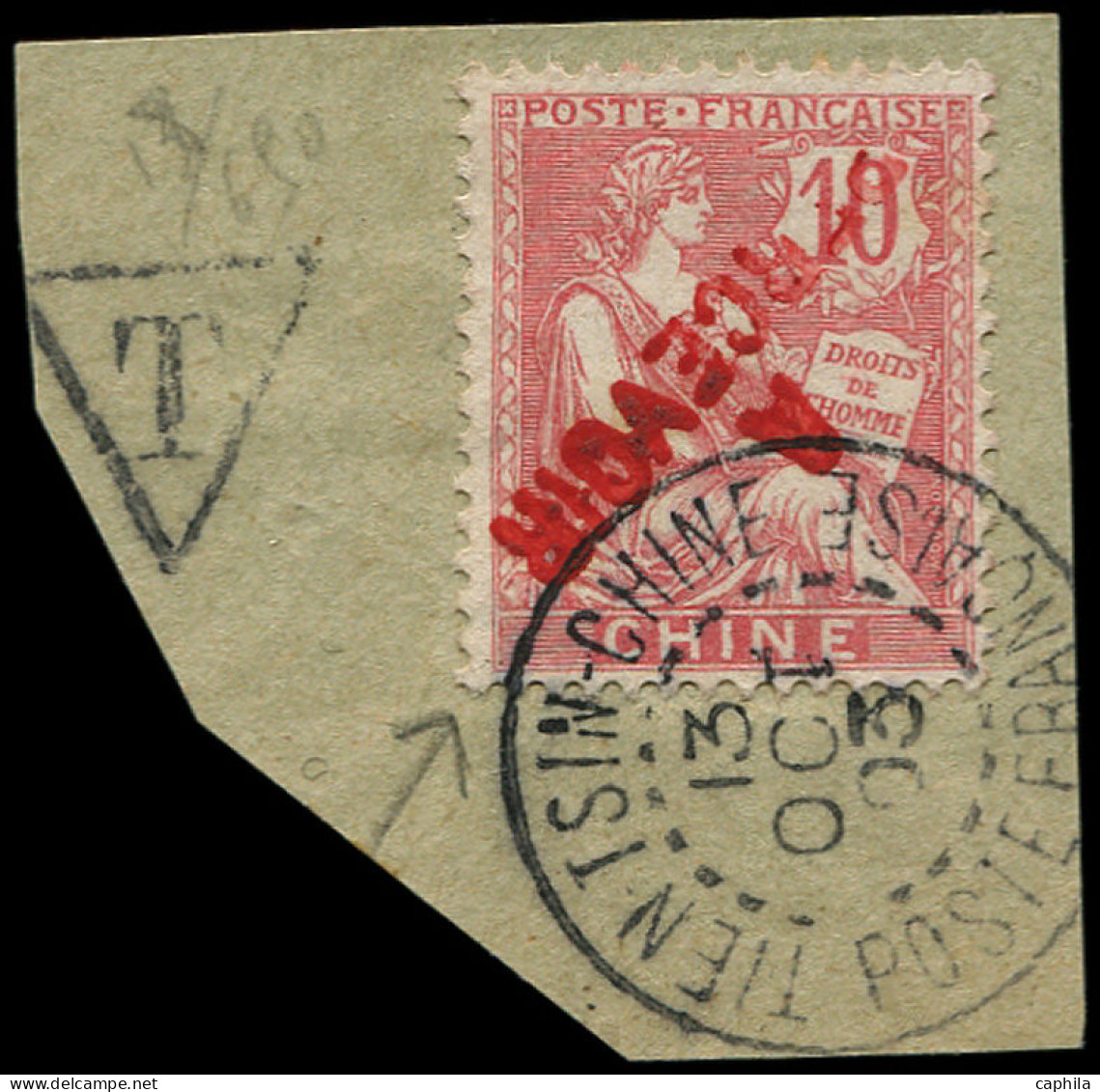 O CHINE FRANCAISE - Taxe - 18a, Surcharge Rouge Renversée, Sur Fragment 13/10/03, Signé Brun & Scheller: 10c. Rose - Strafport