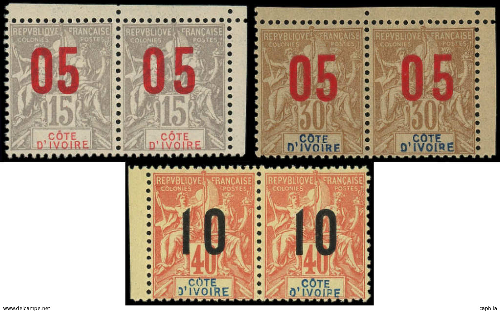 ** COTE D'IVOIRE - Poste - 36Aa/38Aa, 3 Paires Chiffres Espacés Tenant à Normal - Unused Stamps