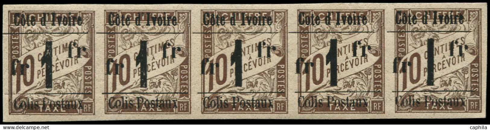 (*) COTE D'IVOIRE - Colis Postaux - 8/8b/8A, Bande De 5 Dont 1 Exemplaire Type II Et 1 Exemplaire Sans Accent Sur Le "o" - Unused Stamps