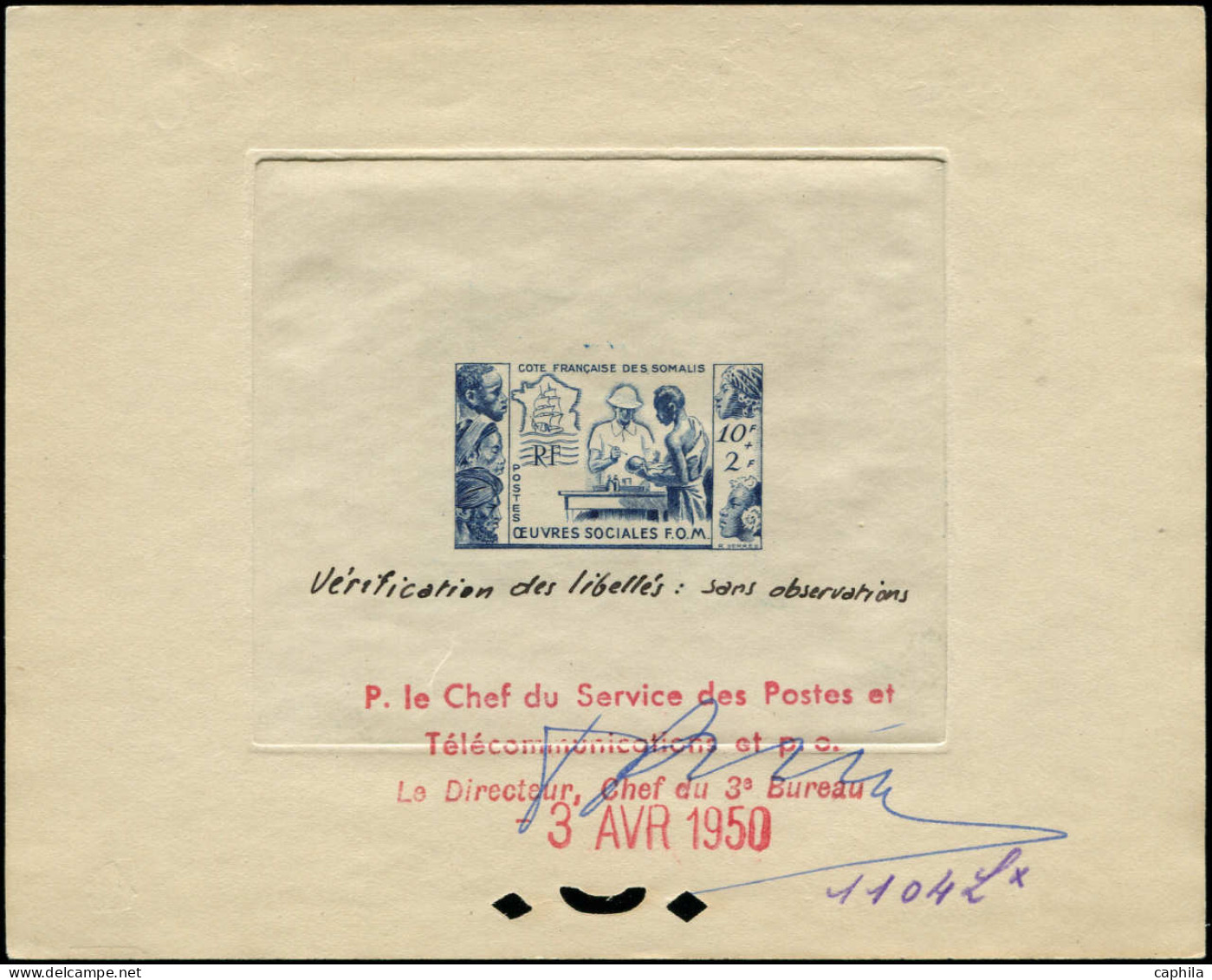 EPT COTE DES SOMALIS - Poste - 283, épreuve D'atelier, Bon à Tirer En Bleu (1104), Datée Et Signée 03/04/1950 - Unused Stamps