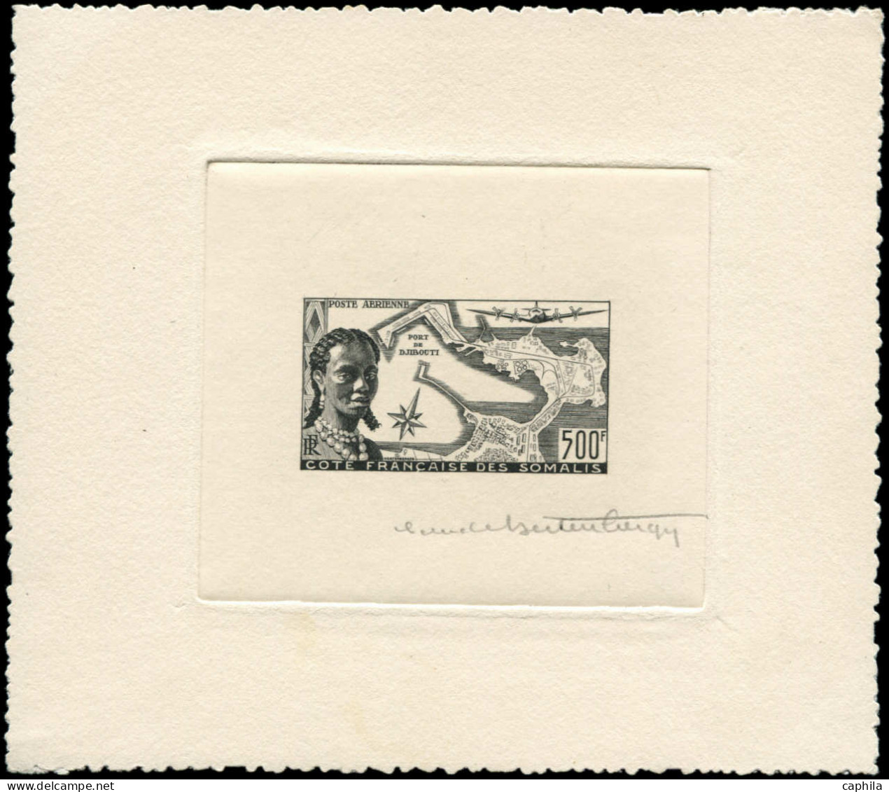 EPA COTE DES SOMALIS - Poste Aérienne - 25, épreuve D'artiste En Noir, Signée: Port De Djibouti - Unused Stamps