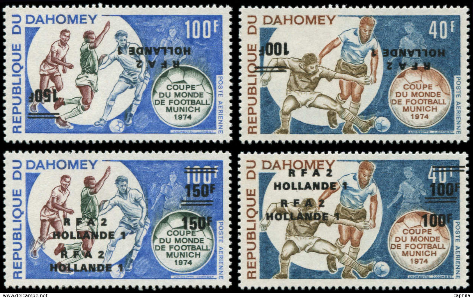 ** DAHOMEY - Poste Aérienne - 221a/b + 222a/b, Surcharge Double + Surcharge Renversée: Coupe Du Monde De Football 1974 - Ungebraucht