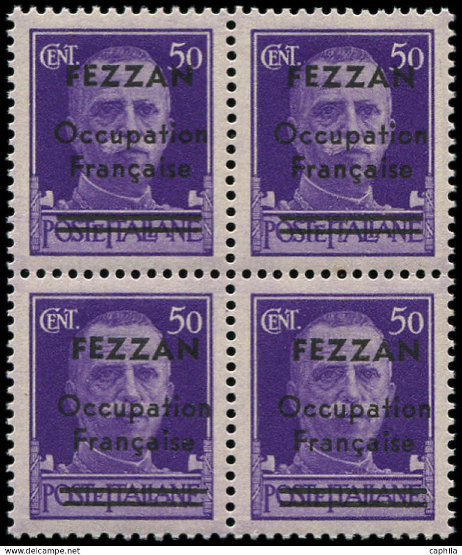 ** FEZZAN - Poste - 1c, Bloc De 4 Dont 1 Exemplaire Barre Inférieure Plus Courte: 50c. Violet - Unused Stamps