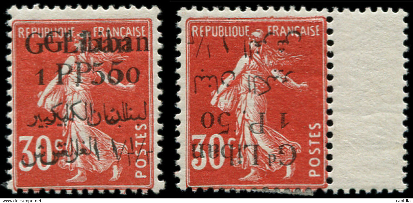 * GRAND LIBAN - Poste - 28a + B, Surcharge Double +   Surcharge Renversée: 1.50pi. S. 30c. Rouge Semeuse - Unused Stamps