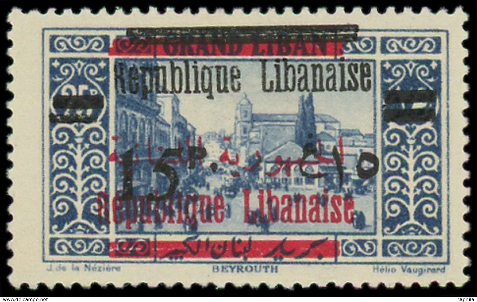 * GRAND LIBAN - Poste - 109b, Double Surcharge Française Noire + Rouge, Signé: 15pi. Sur 25pi. Bleu - Unused Stamps