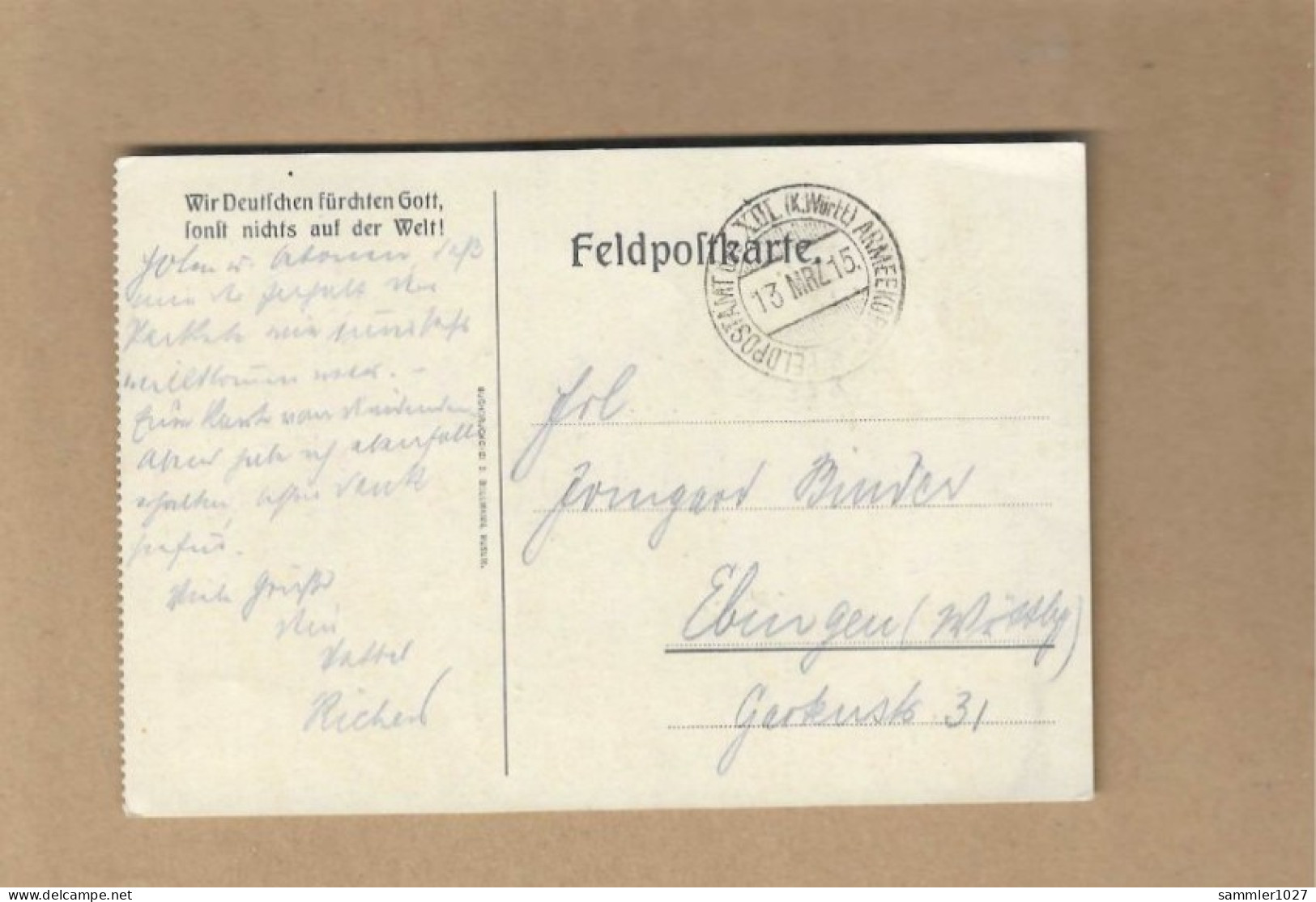 Los Vom 19.05 -   Feld-Postkarte Aus Popów Nach Ebingen 1915 - Lettres & Documents