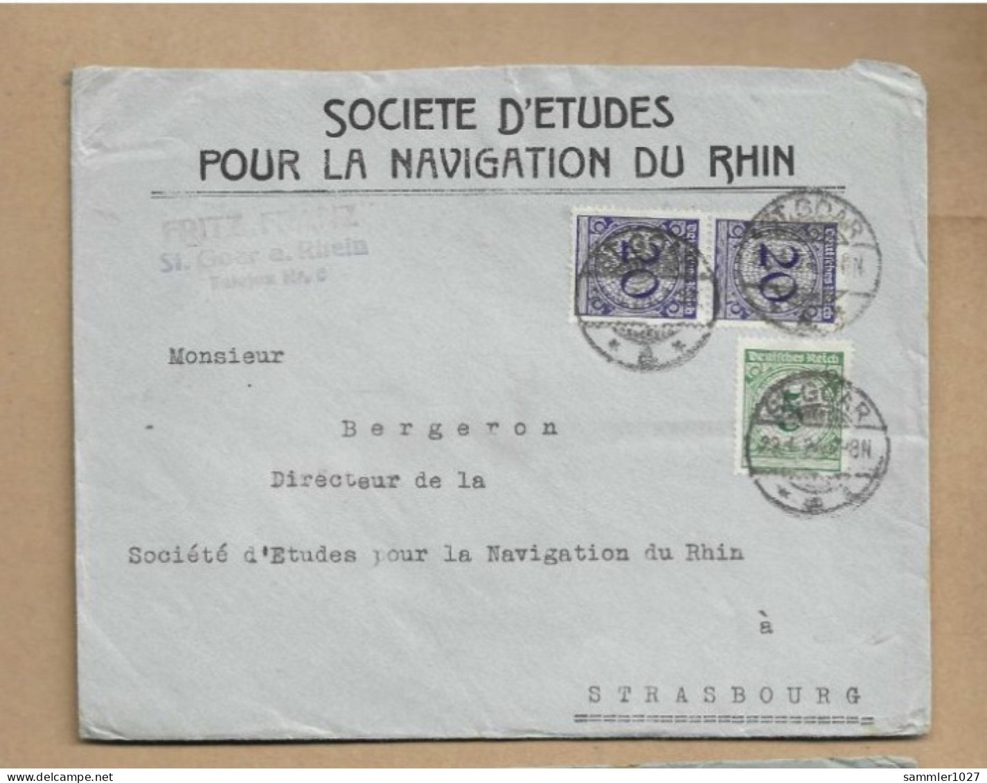 Los Vom 19.05 -   Briefumschlag Aus St. Goar Nach Straßburg 1924 - Covers & Documents