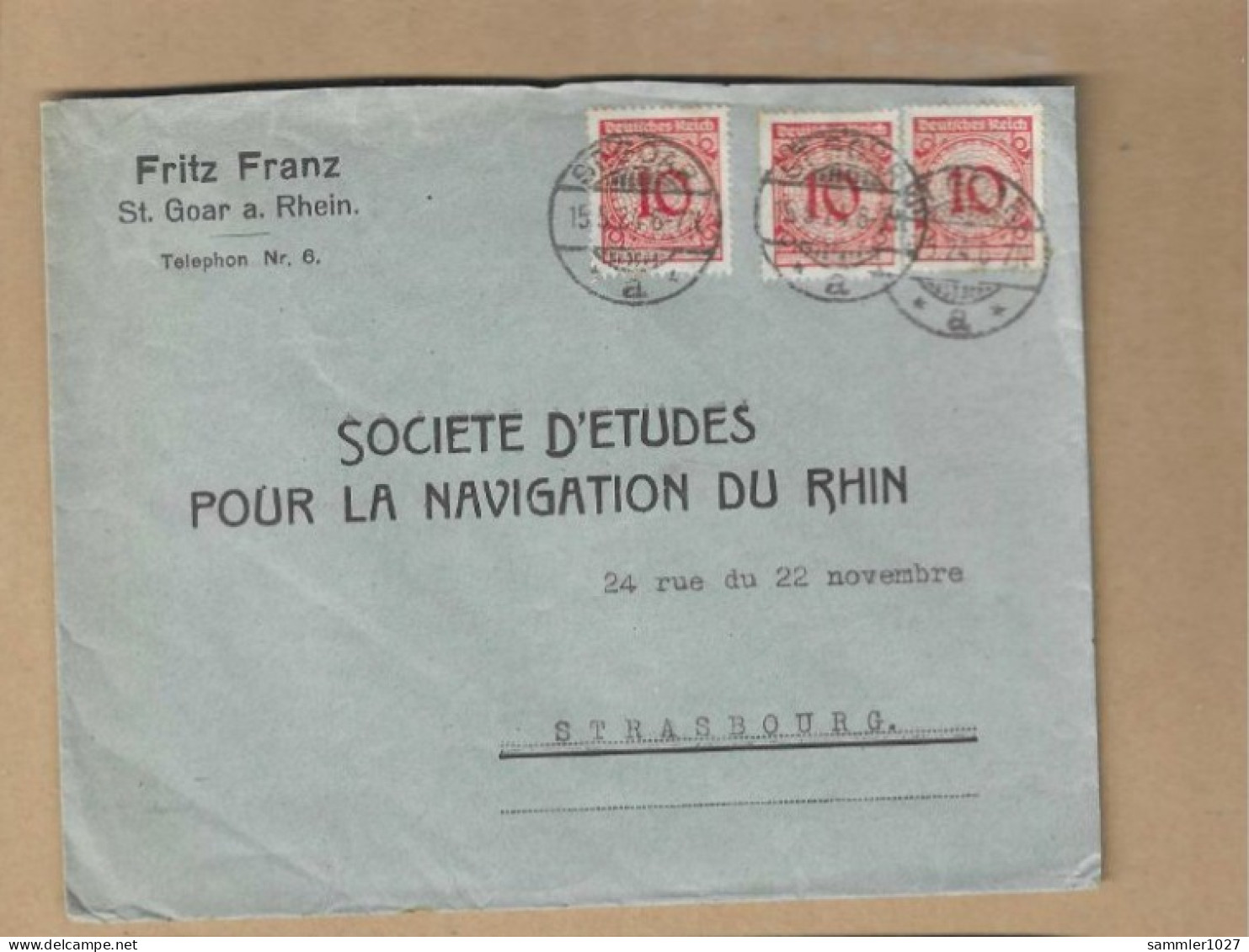 Los Vom 19.05 -   Briefumschlag Aus St. Goar Nach Straßburg 1924 - Lettres & Documents