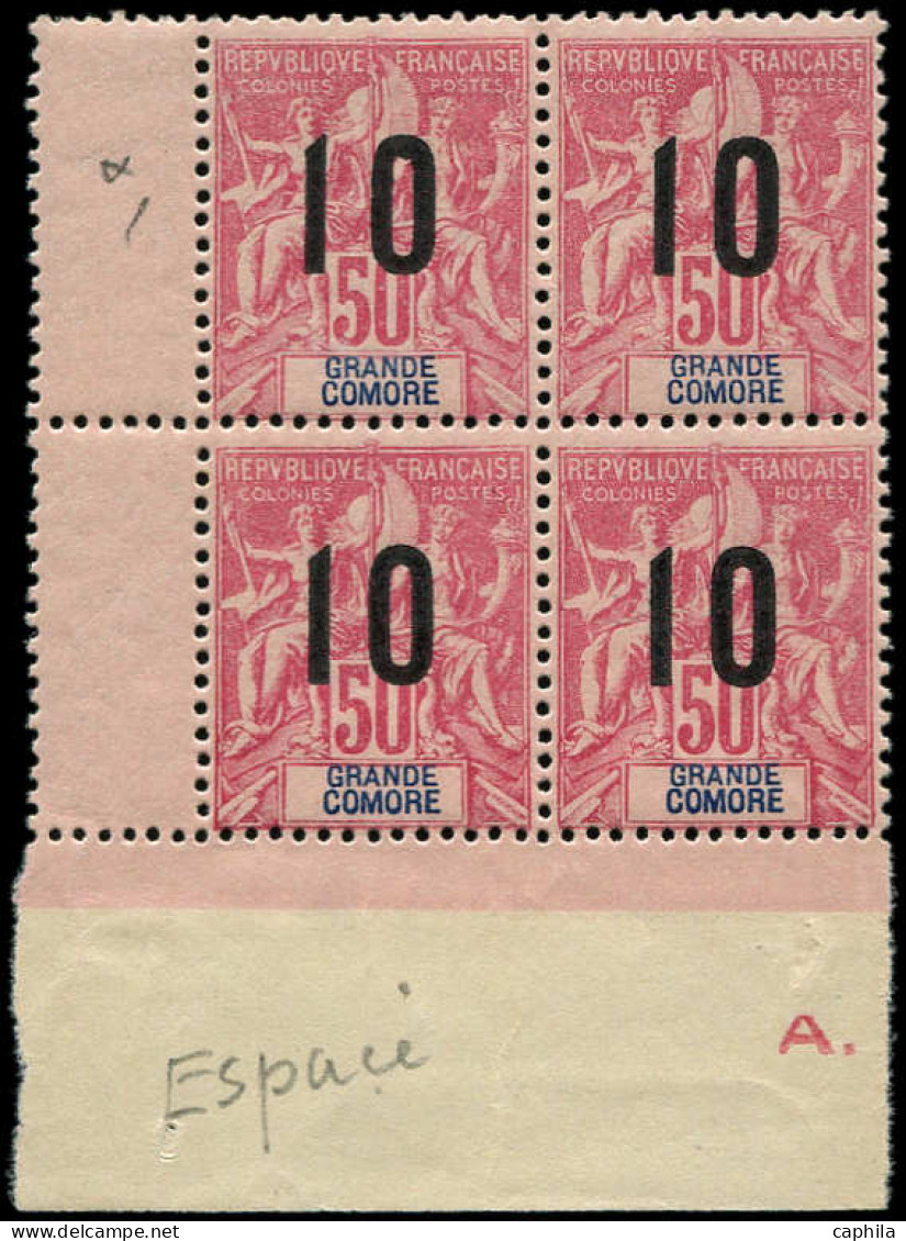 ** GRANDE COMORE - Poste - 28Aa, Bloc De 4 Dont 1 Exemplaire Chiffres Espacés (1 Ex. Tache): 10 Sur 50c. Rose - Unused Stamps