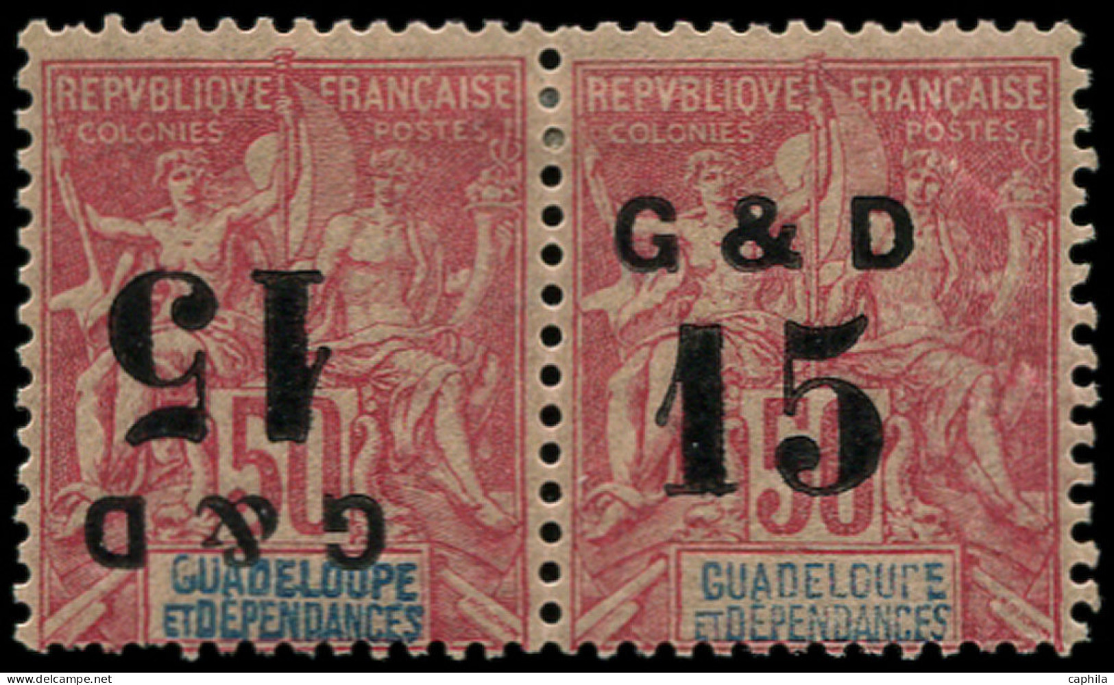 * GUADELOUPE - Poste - 47Bb, En Paire Surcharge Tête-bêche, Signé - Unused Stamps