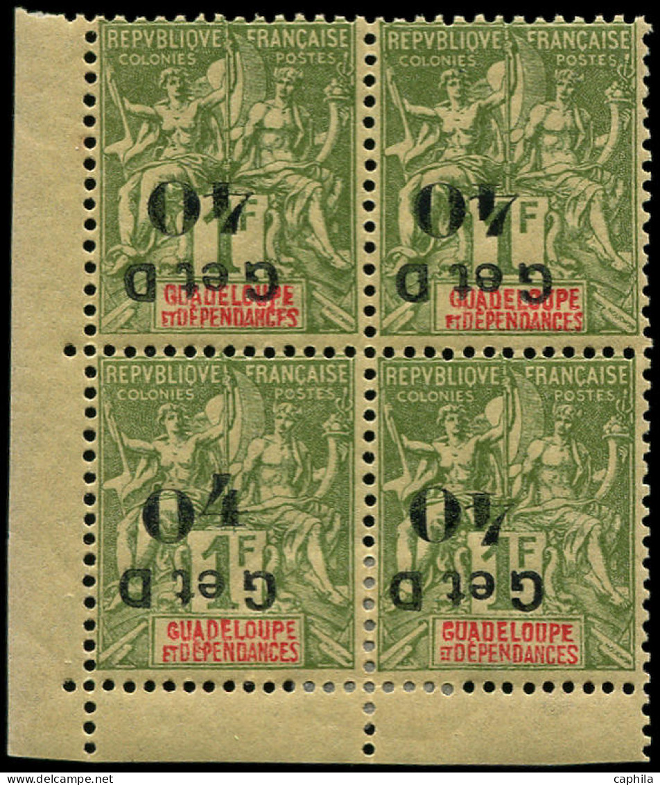 * GUADELOUPE - Poste - 48c + 48f, Bloc De 4, Surcharge Renversée, Dont 1 Exemplaire Chiffre "4" Droit, 2 Exemplaires **, - Unused Stamps