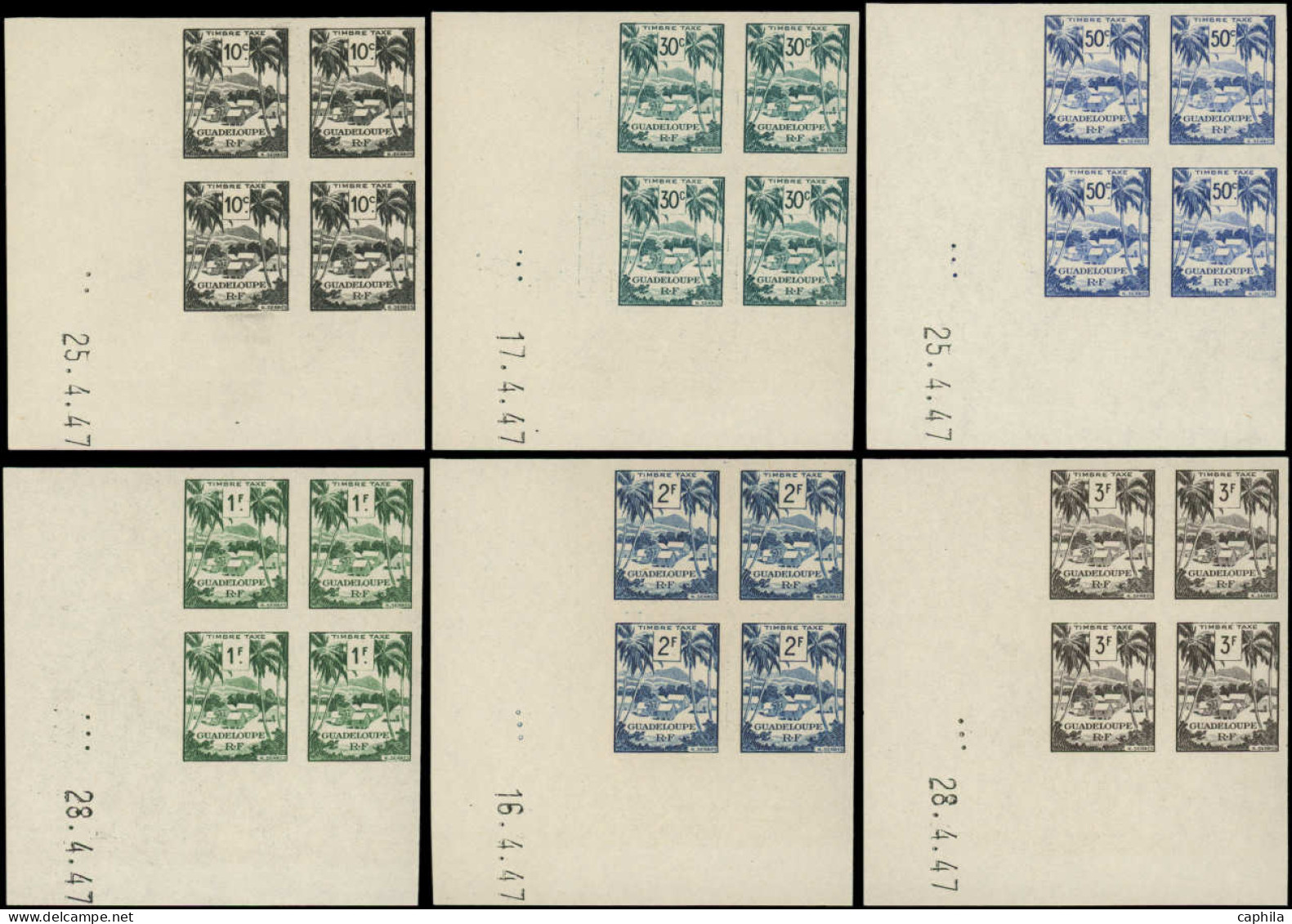 ** GUADELOUPE - Taxe - 41/50, 10 Blocs De 4 CD 1947, Non Dentelés - Timbres-taxe