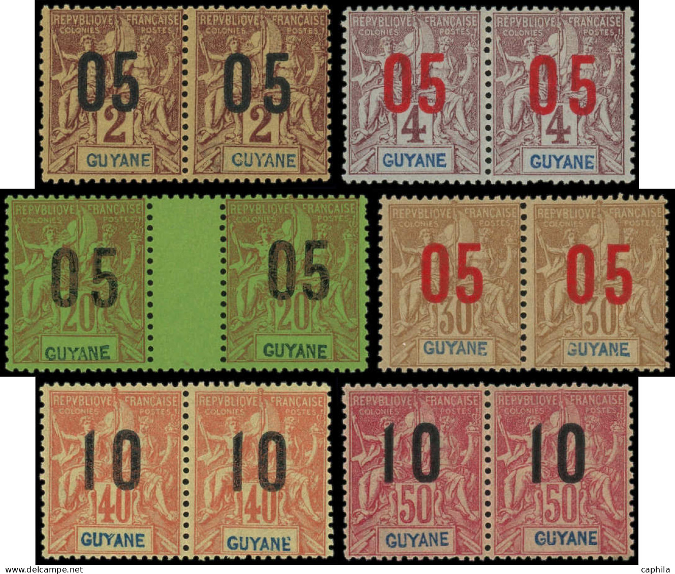 ** GUYANE - Poste - 66Aa/68Aa + 70Aa/72Aa, 6 Paires Chiffres Espacés Tenant à Normal - Unused Stamps