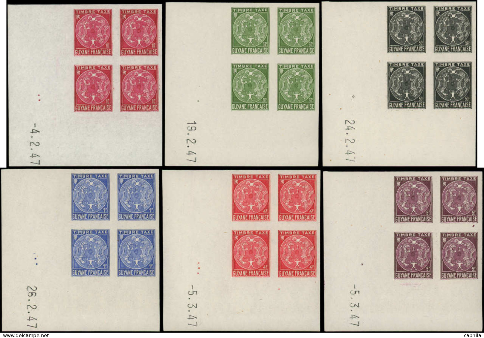 ** GUYANE - Taxe - 22/31, 10 Blocs De 4 CD 1947, Non Dentelés: Armoiries - Unused Stamps