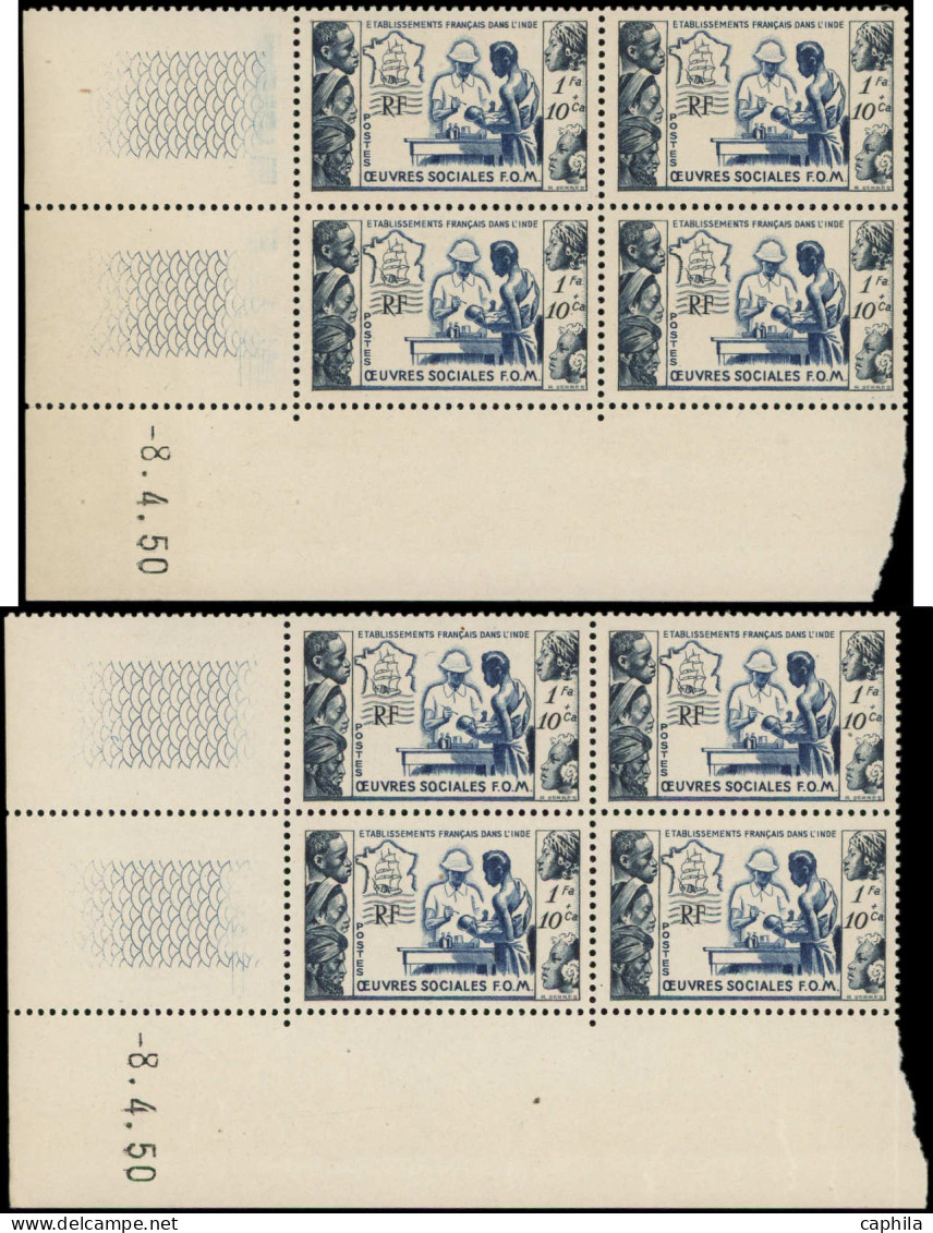 ** INDE FRANCAISE - Poste - Ensemble de 17 blocs de 4 coins datés dont multiples, 1936/52
