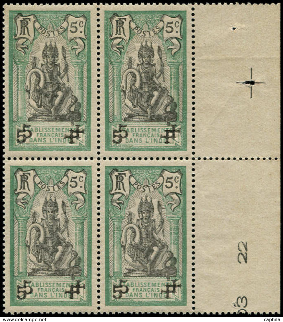 ** INDE FRANCAISE - Poste - 45Cd, Bloc De 4 Double Surcharge Noire, Signé Behr, Tirage 45, Gomme Coloniale: 5c Vert Et N - Unused Stamps