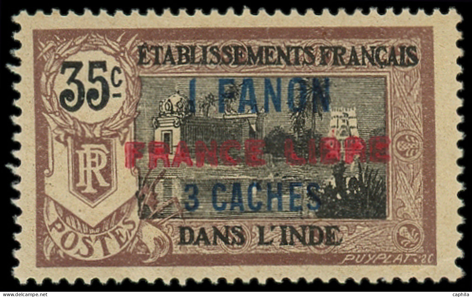 ** INDE FRANCAISE - Poste - 130, Surcharge Horizontale: 1fa. 3ca. Sur 35c. Brun Et Noir - Neufs