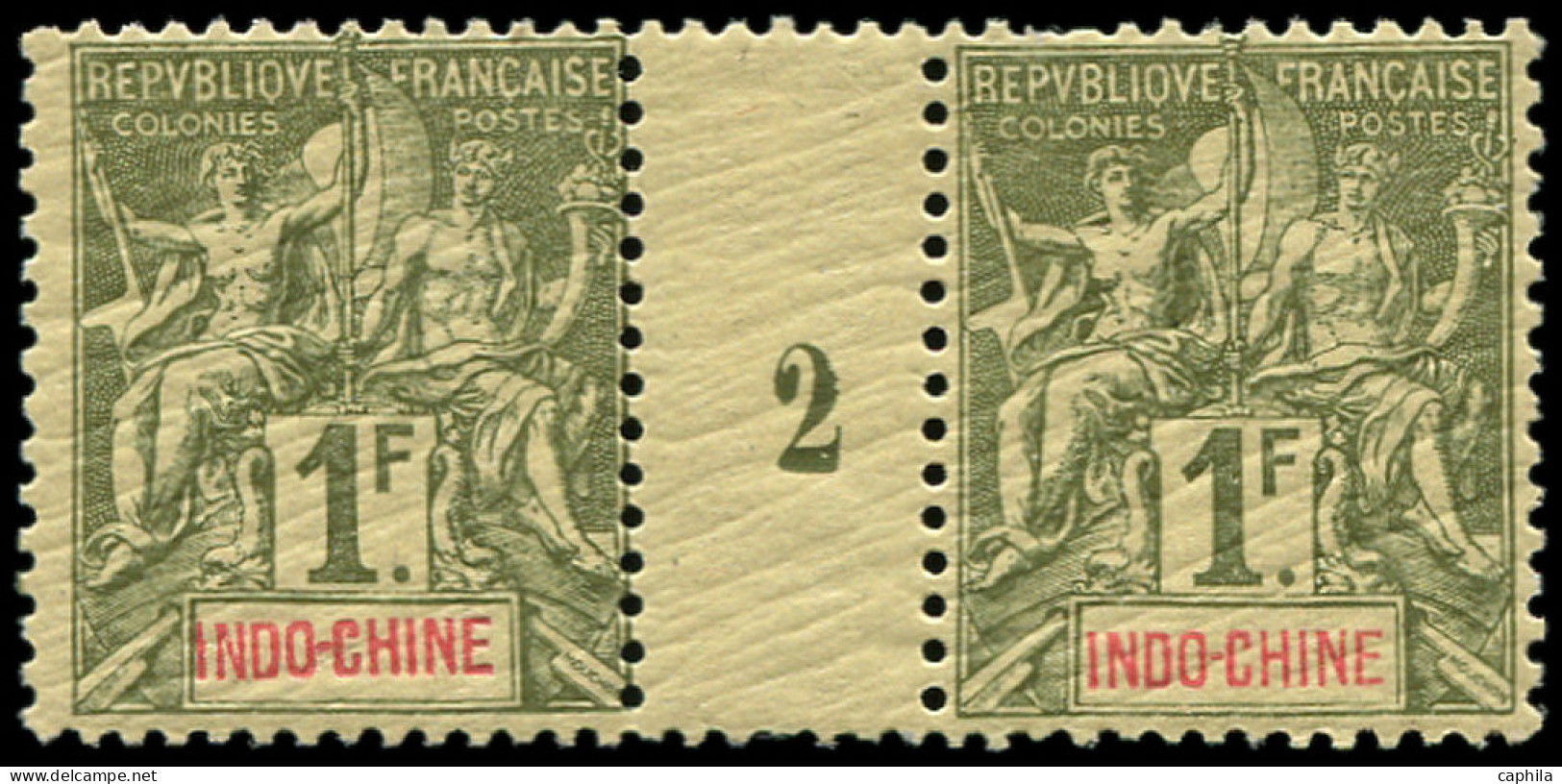** INDOCHINE - Poste - 15, Paire Millésime "2": 1f. Olive - Unused Stamps