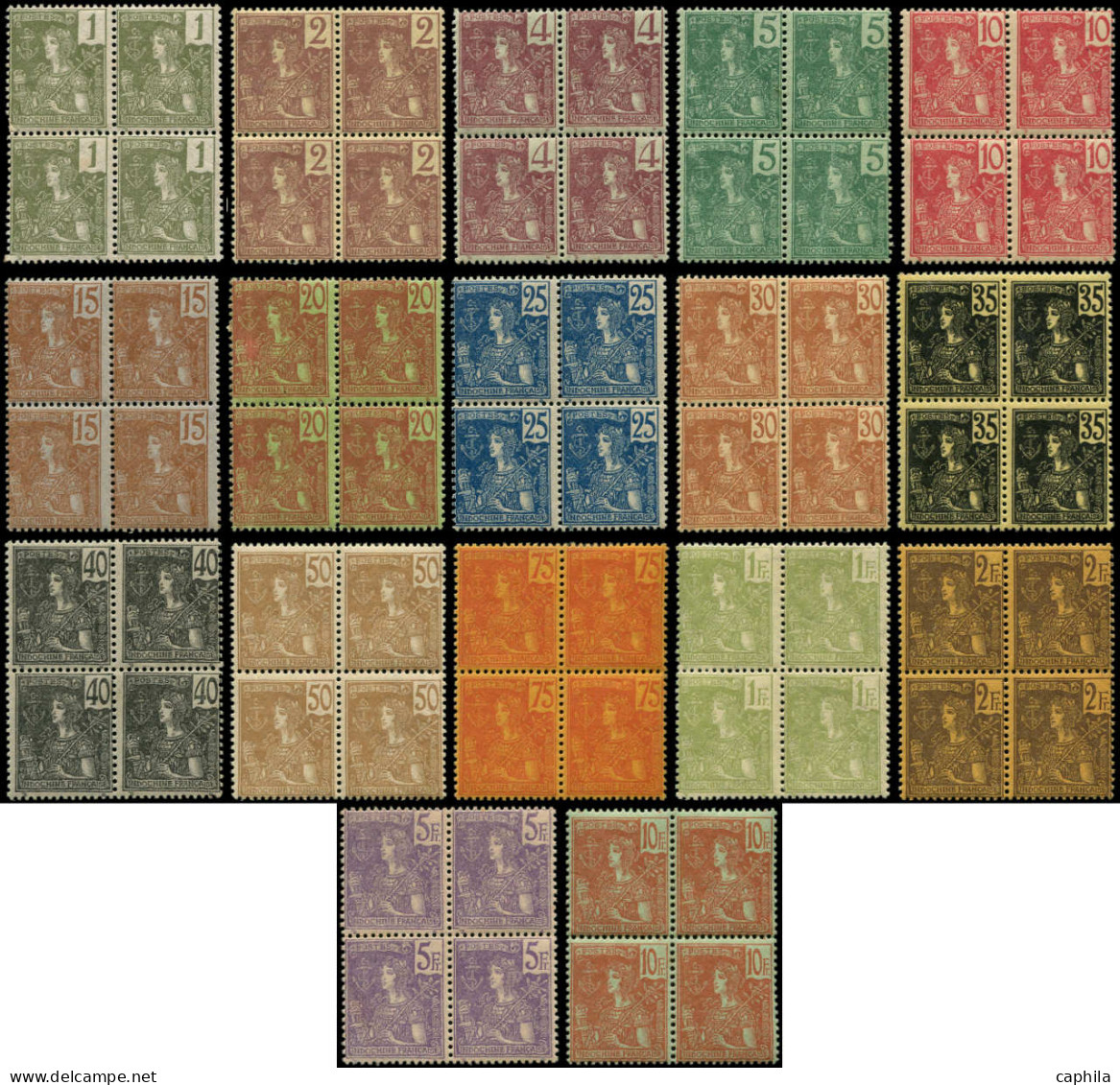 ** INDOCHINE - Poste - 24/40, 17 Blocs De 4, Complet (27 Pts De Rouille + 37 Adh): Grasset - Unused Stamps