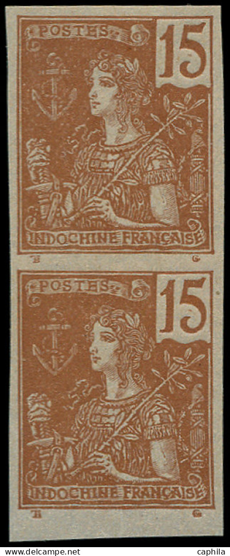 ** INDOCHINE - Poste - 29a, En Paire, Non Dentelée: 15c. Brun Sur Azuré - Unused Stamps