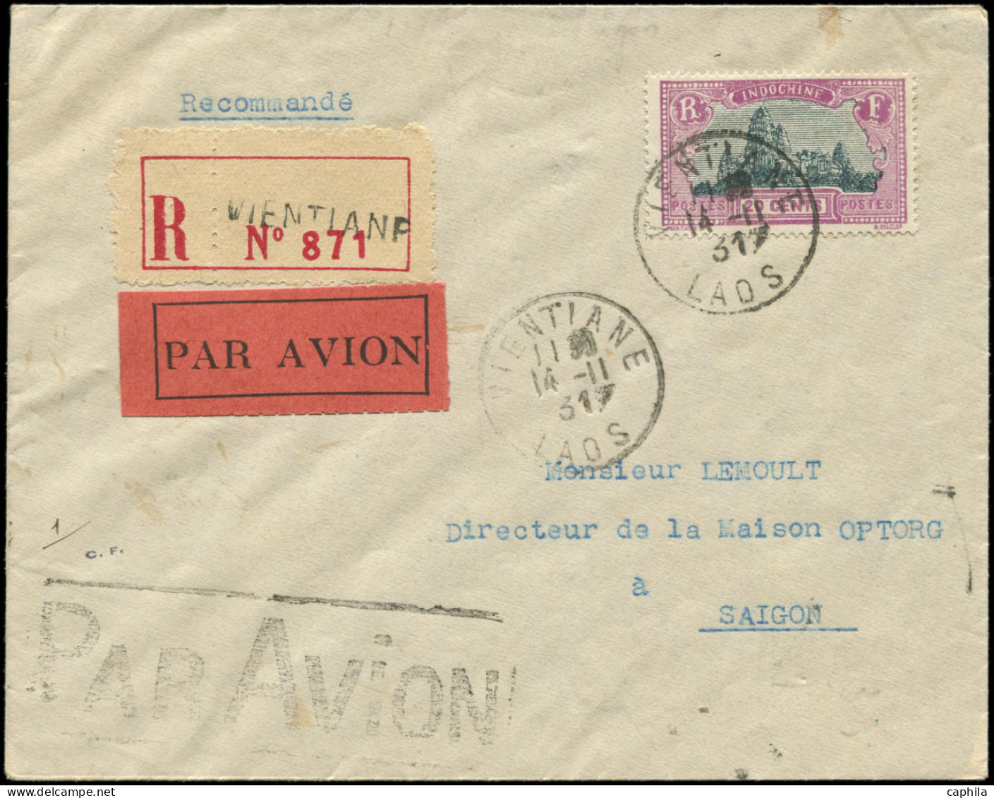 LET INDOCHINE - 1° Vols - 14/11/31, Vientiane/Saïgon, Enveloppe Recommandée, étiquette Rouge + Griffe "Par Avion", Vol E - Autres & Non Classés