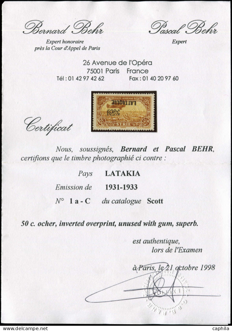 * LATTAQUIE - Poste Aérienne - 1a, Surcharge Renversée, Signé Calves + Certificat Behr: 0p.50 Jaune-brun - Unused Stamps