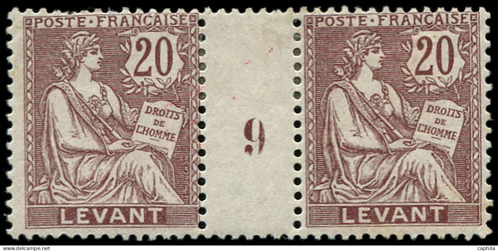 * LEVANT FRANCAIS - Poste - 16, Paire Millésime "9", * Forte: 20c. Brun-lilas (Maury) - Unused Stamps