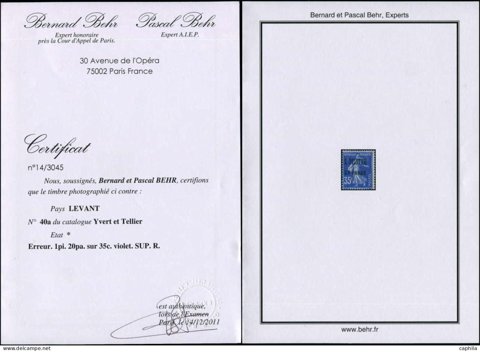 * LEVANT FRANCAIS - Poste - 40a, Signé Brun, 1 Piastre, Tirage 30, Certificat Behr - Unused Stamps