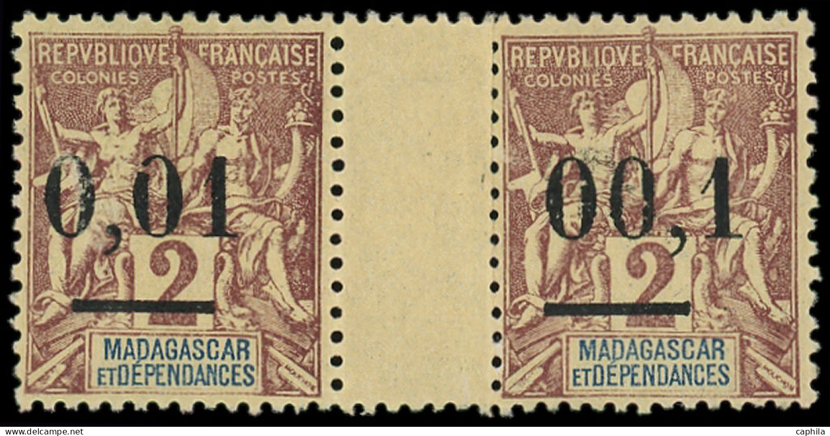 ** MADAGASCAR - Poste - 51d, Paire Interpanneau Type I, 1 Ex. Virgule Mal Placée (pli De Gomme): 0.01 S. 2c. - Andere & Zonder Classificatie